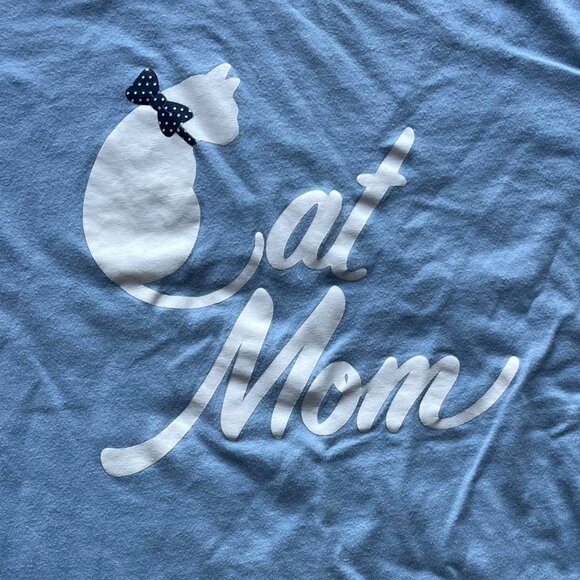 “Cat Mom” Womens Petite XL Blue/White Long Sleeve 100% Cotton Tshirt Top - Picture 2 of 7